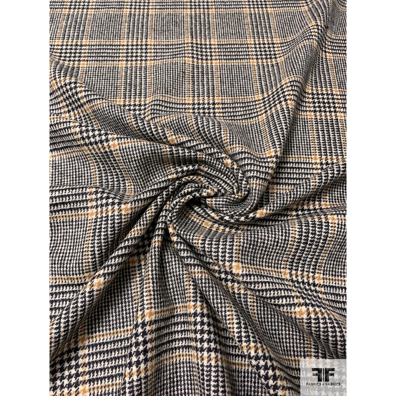 Italian Glen Plaid Wool Jacket Weight Suiting - Black / Cream / Ochre Tan