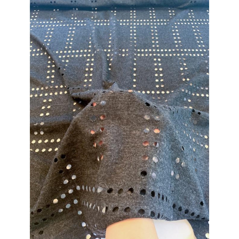 Italian Laser Cut Circle Grid Heathered Wool Jersey - Charcoal Grey