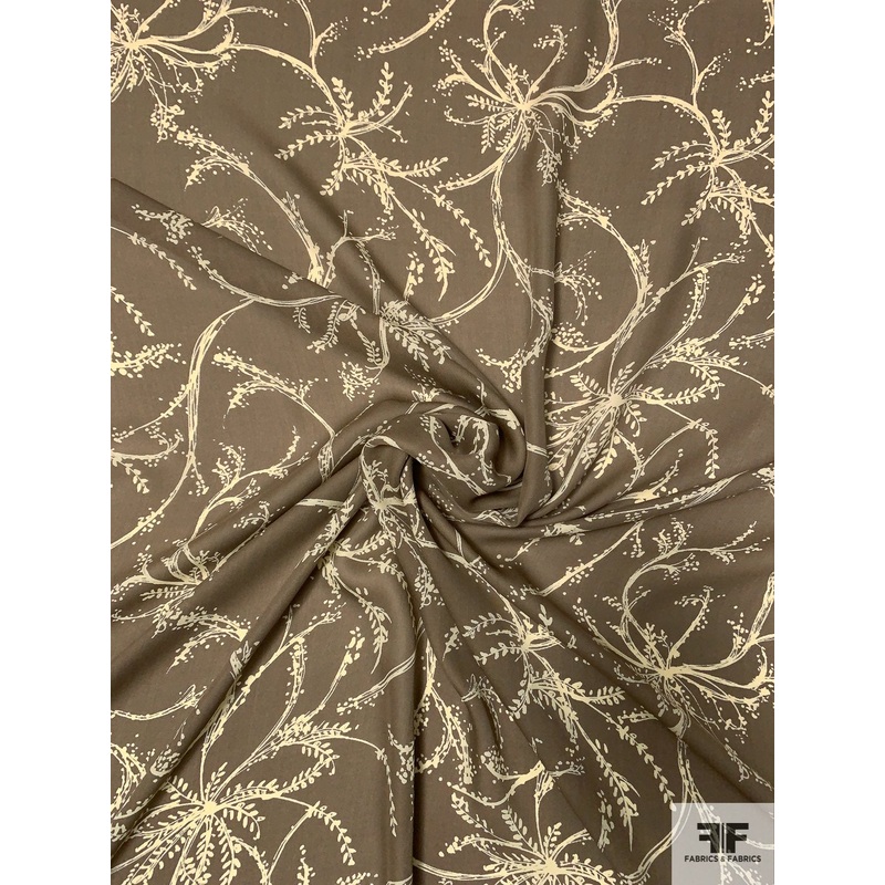 Delicate Leaf Stems Printed Silk Georgette - Stone / Cream