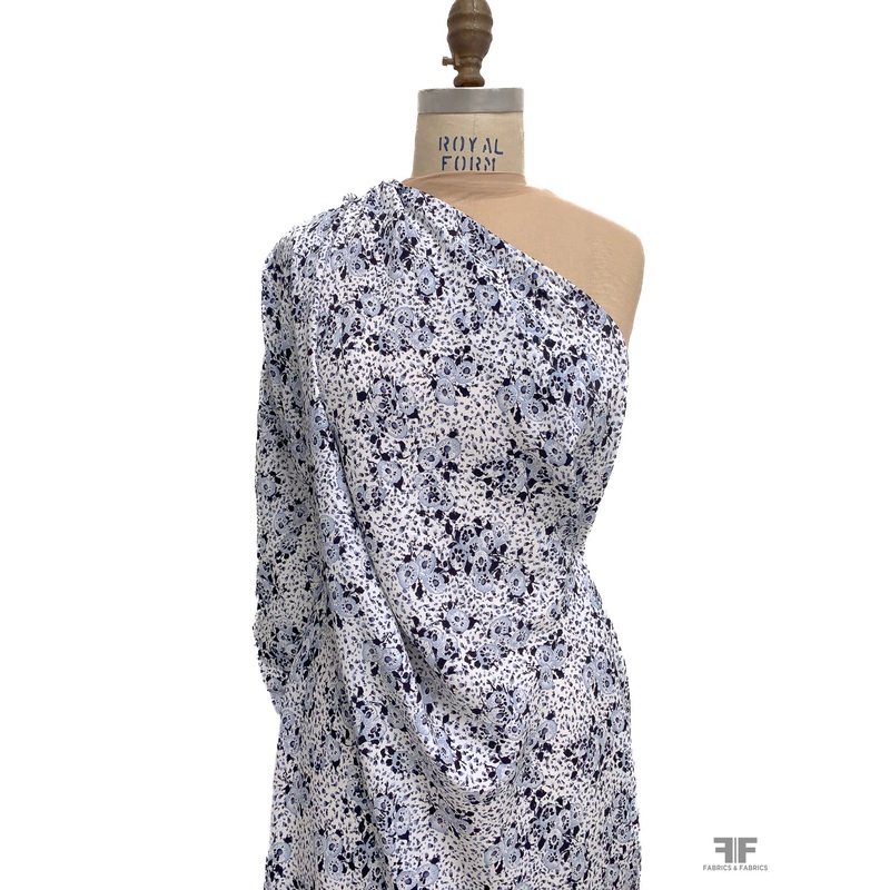 Ditsy Floral Matte-Side Printed Silk Charmeuse - Icy Blue / Navy / White