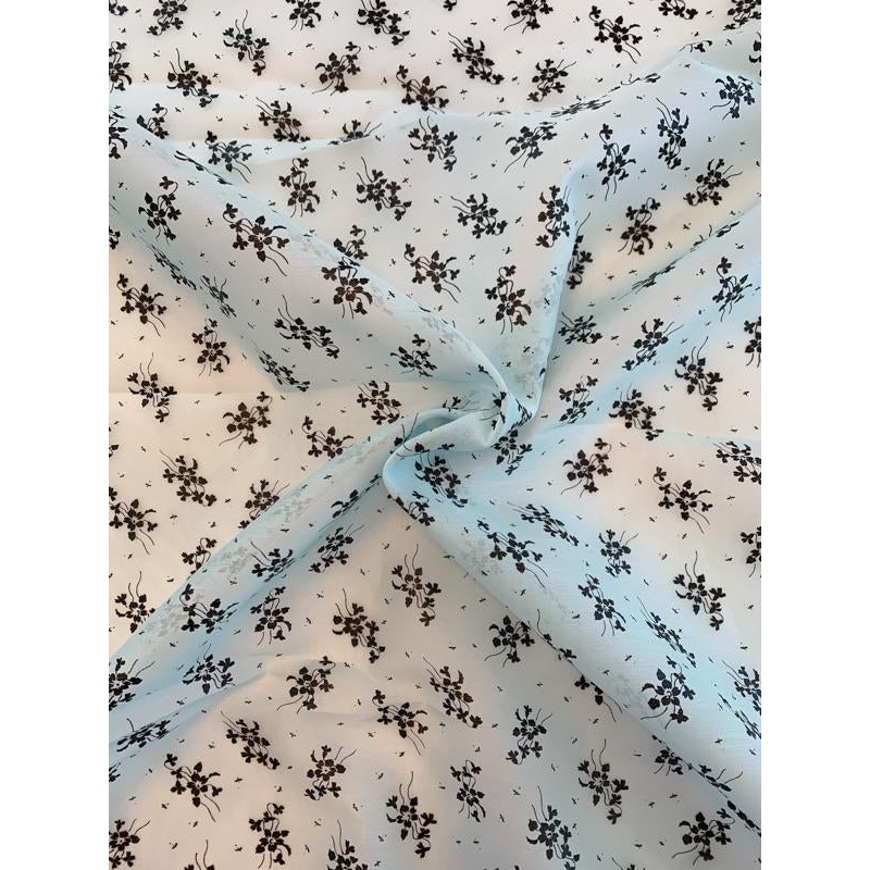 Ralph Lauren Delicate Floral Laminated Print Silk and Cotton Organdy - Baby Blue / Black