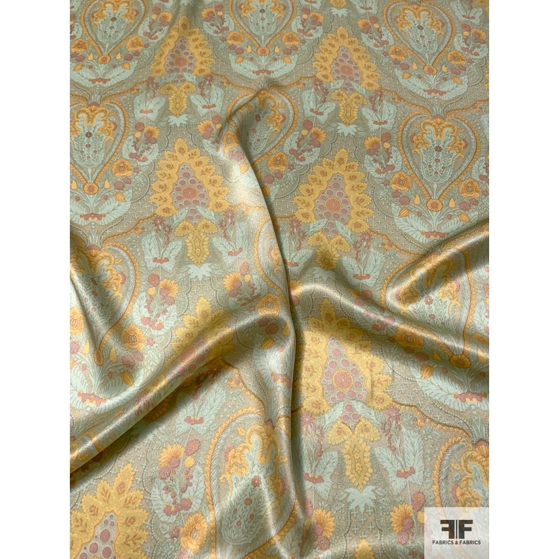 Regal Paisley Printed Silk Charmeuse - Minty Sage / Yellow / Salmon Pink