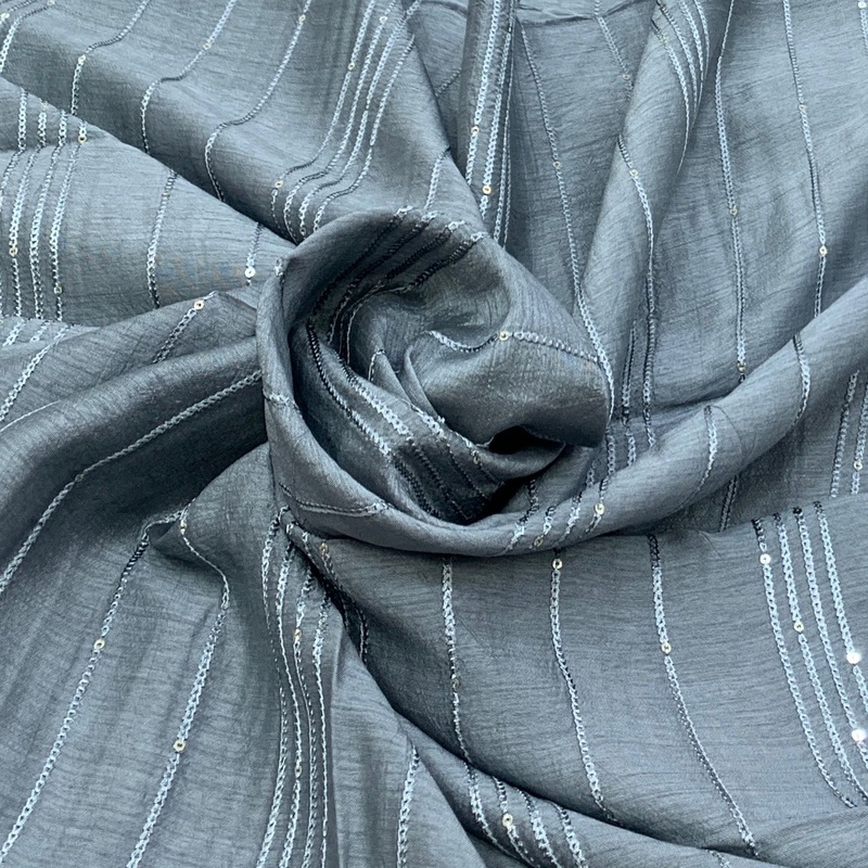 Steel Grey Embroidered Slub Silk