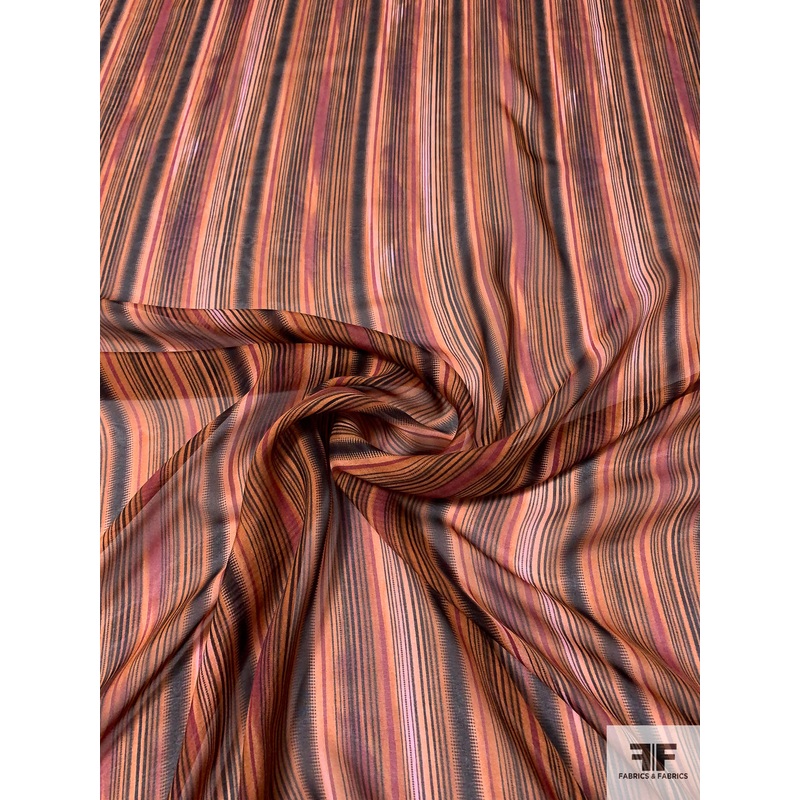 Streaks and Striped Printed Silk Chiffon - Shades of Orange / Black / Dust Cranberry