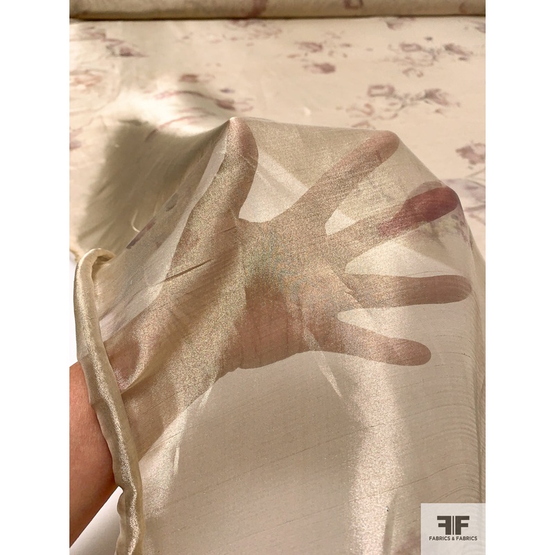 Vintage Ralph Lauren Floral Printed Lam Silk Organza - Champagne Gold / Muted Purple