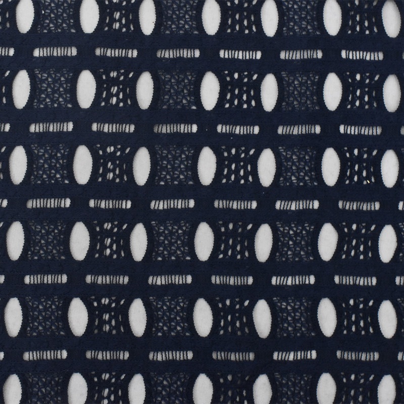 Dark Navy Blue Oval Striped Pattern Poly Crochet Knit Fabric