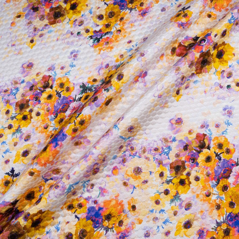 Saffron Yellow & Deep Purple Floral Printed Cotton & Silk Blend Cloqu
