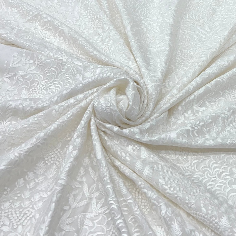 White Floral Overall Thread Slub Silk Embroidery