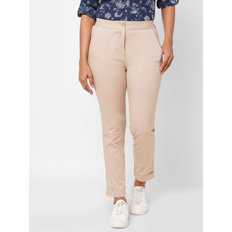 Women's Beige Cotton Lycra Slim Fit Pant BEIGE