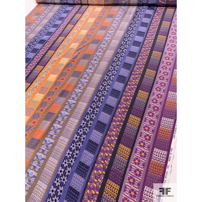 Boho Chic Printed Silk Crepe de Chine - Purples / Oranges / Taupe Brown