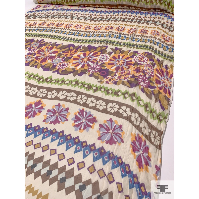 Boho Floral Geometric Printed Crinkled Silk Chiffon - Multicolor