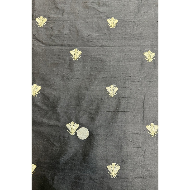 Butterfly Embroidery on Black Shantung Embroidered Dupioni Silk