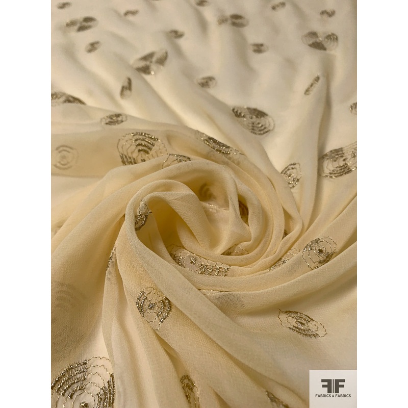 Silk Chiffon with Circular Disc Lurex Embroidery - Creamy Sand / Gold