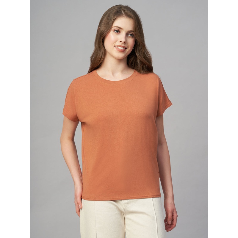 Women's Rust Cotton Bamboo Elastane Regular Fit Tshirt RUST