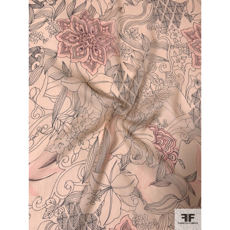 Exotic Sketch Floral Printed Slightly Crinkled Silk Chiffon - Nude / Salmon Pink / Black
