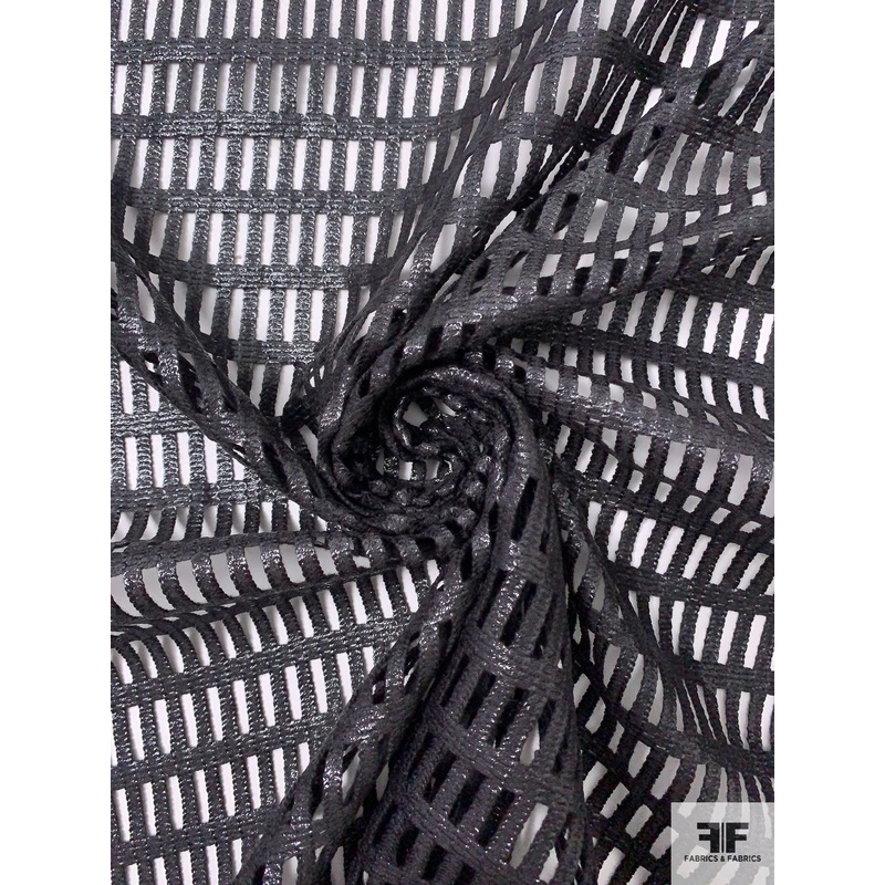 Italian Grid Pattern Novelty Guipure-Like Lace with Glossy Finish - Black