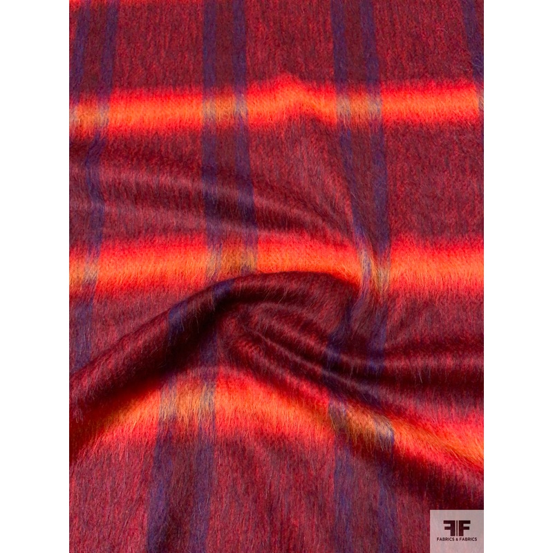 Italian Plaid Brushed Wool-Blend Coating - Red / Fire Orange / Purple