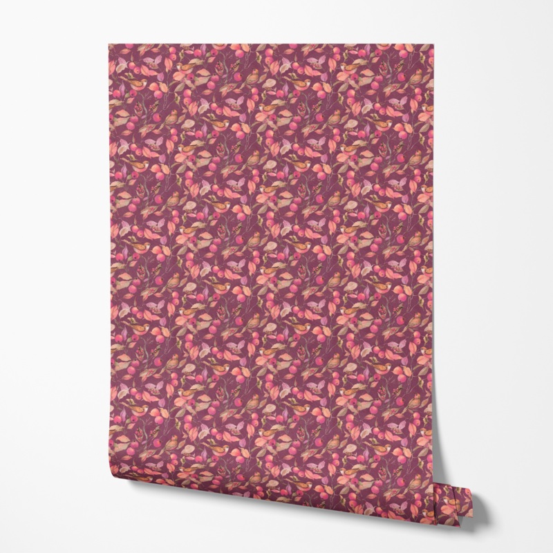 Susan Winget Autumn Berries & Birds on Plum Wallpaper
