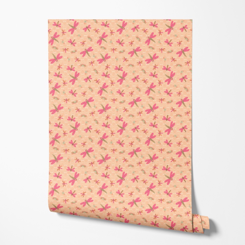 Susan Winget Whimsical Dragonfly on Coral Wallpaper