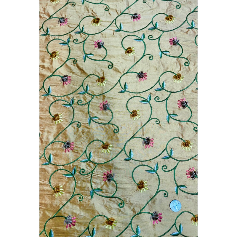 Yellow Gold/Multicolor Embroidered Dupioni Silk MED-213/2