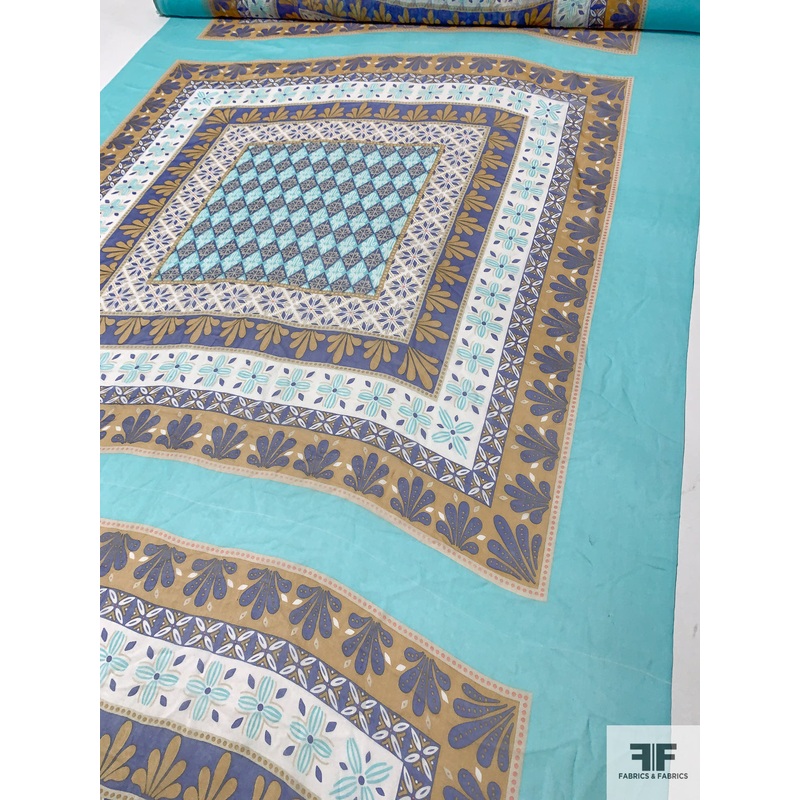 Art Deco Frame Printed Silk Chiffon Panel - Aqua Blue / Ochre / Indigo / Off-White