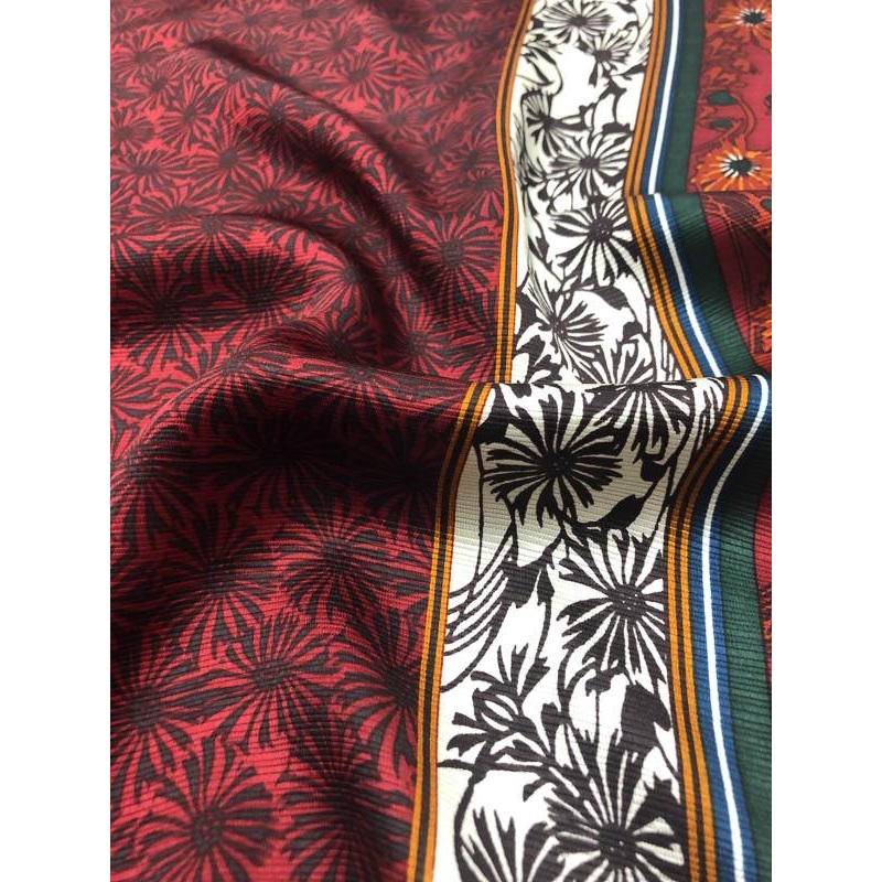 Double Border Floral Printed Faille Silk Charmeuse - Maroon