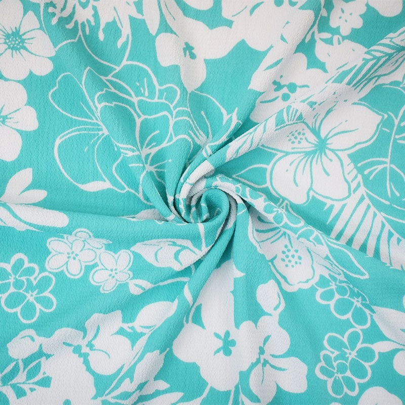 Pastel Teal-White Polyester Nylon Floral Printed Pebble Crepe Woven Fabric