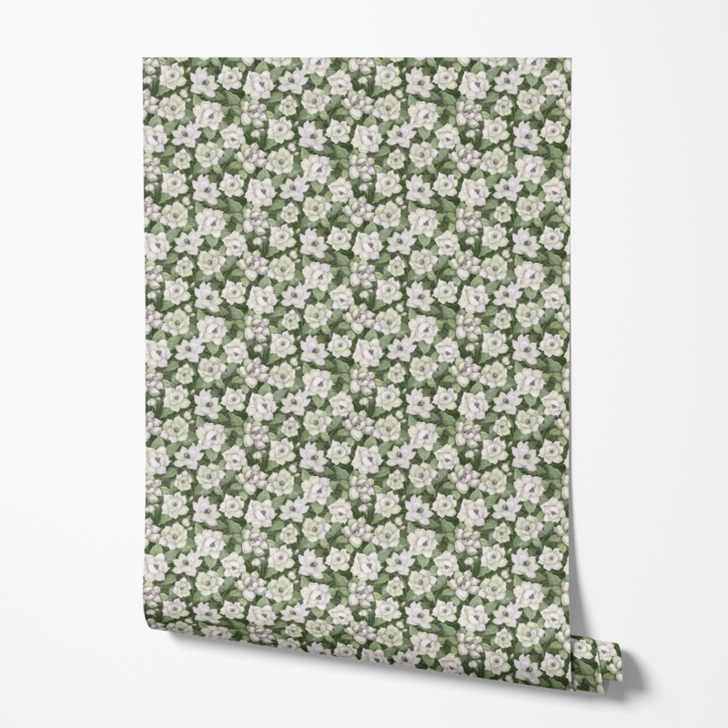 Susan Winget Garden Magnolias on Green Wallpaper