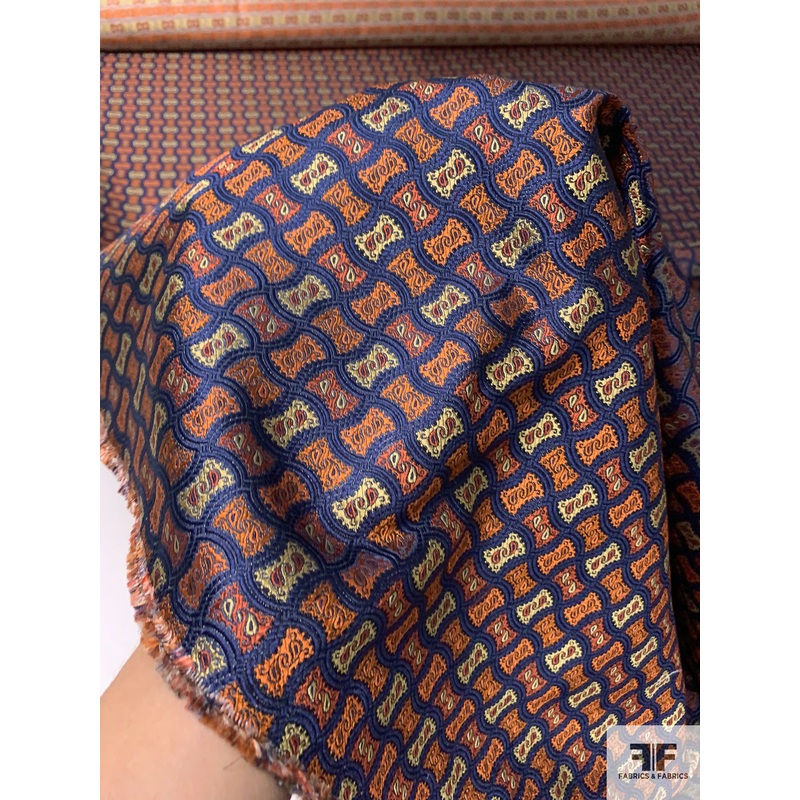 Wavy Basket-Look Silk Necktie Jacquard Brocade - Navy / Orange / Rust