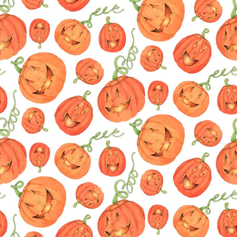 Susan Winget Halloween Ghoulish Pumpkins on White Fabric