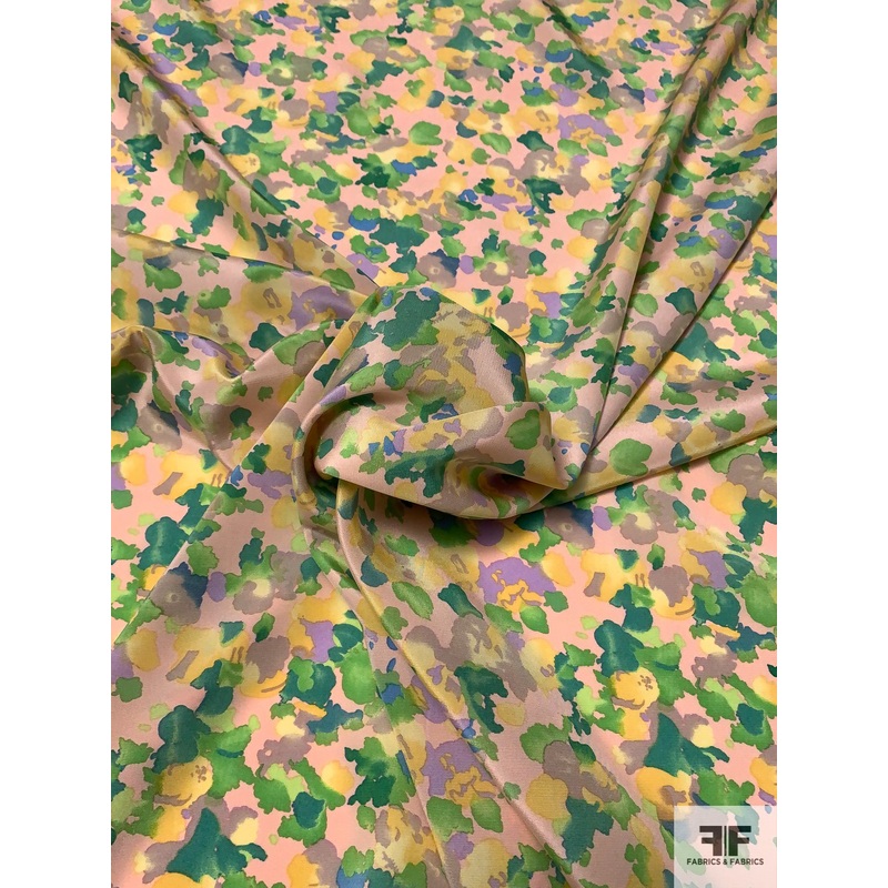Watercolor Floral Printed Silk Crepe de Chine - Blush / Greens / Yellow / Blue