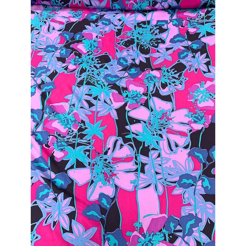 Abstract Floral Printed Silk Crepe de Chine - Magenta / Black / Aqua