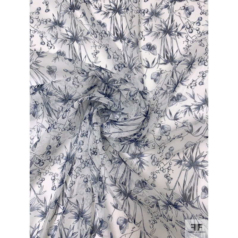 Bamboo Butterfly Toile Printed Crinkled Silk Chiffon - Off-White / Navy Blue