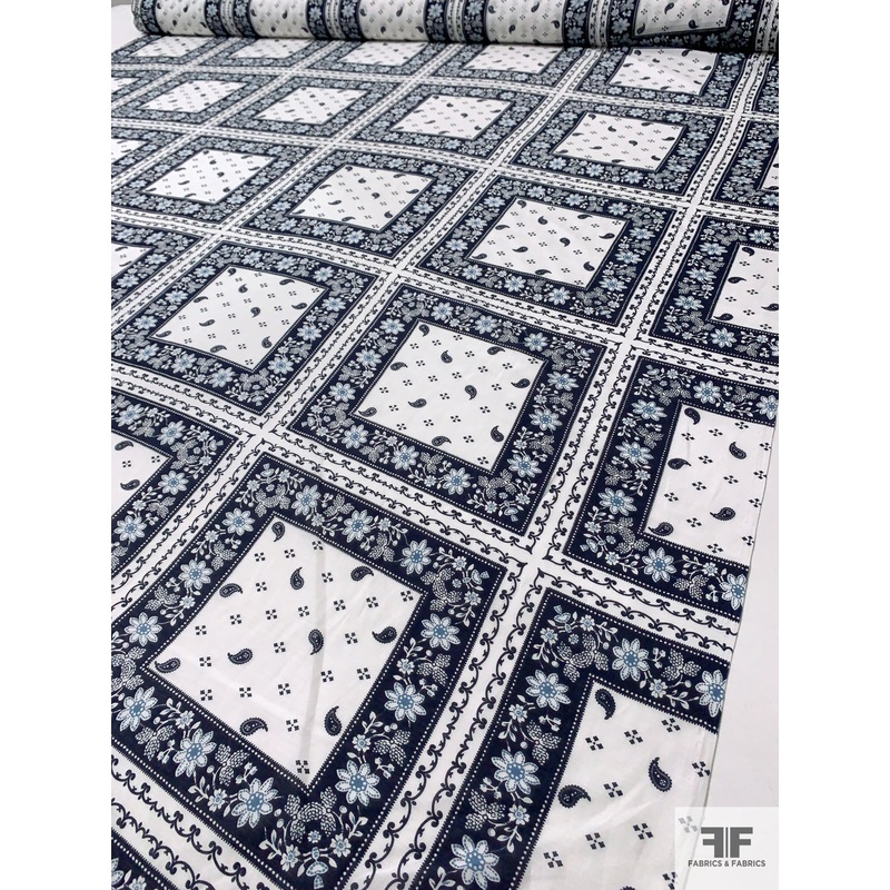 Bandana Printed Silk and Cotton Voile - Navy / Off-White / Blue