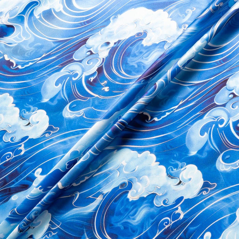 Blue 'Sea Waves' Printed Pure Silk Satin