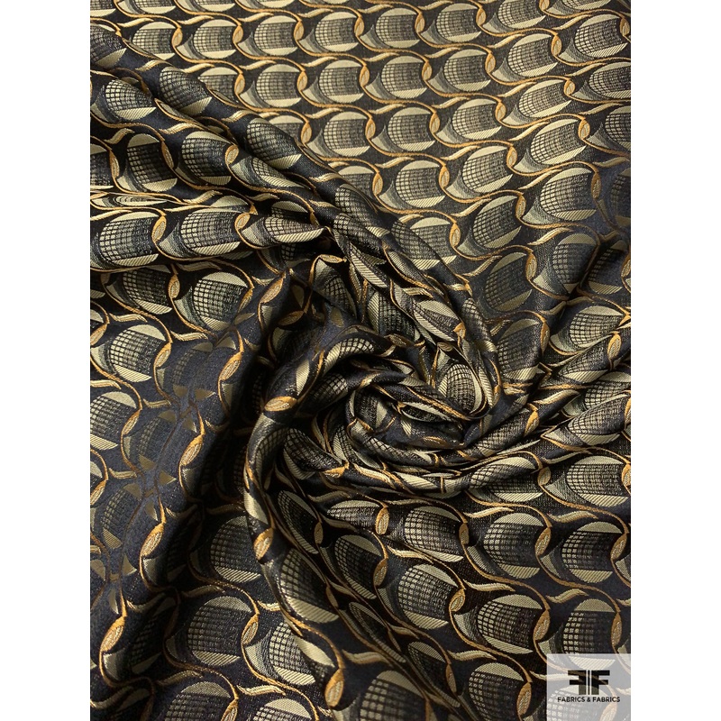 Circular Link Silk Necktie Jacquard Brocade - Black / Turmeric / Gold