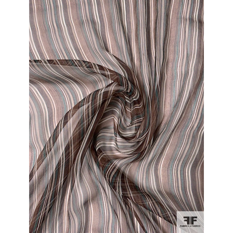 Vertical Striped Printed Lightly Crinkled Silk Chiffon - Brown / Teal / Off-White