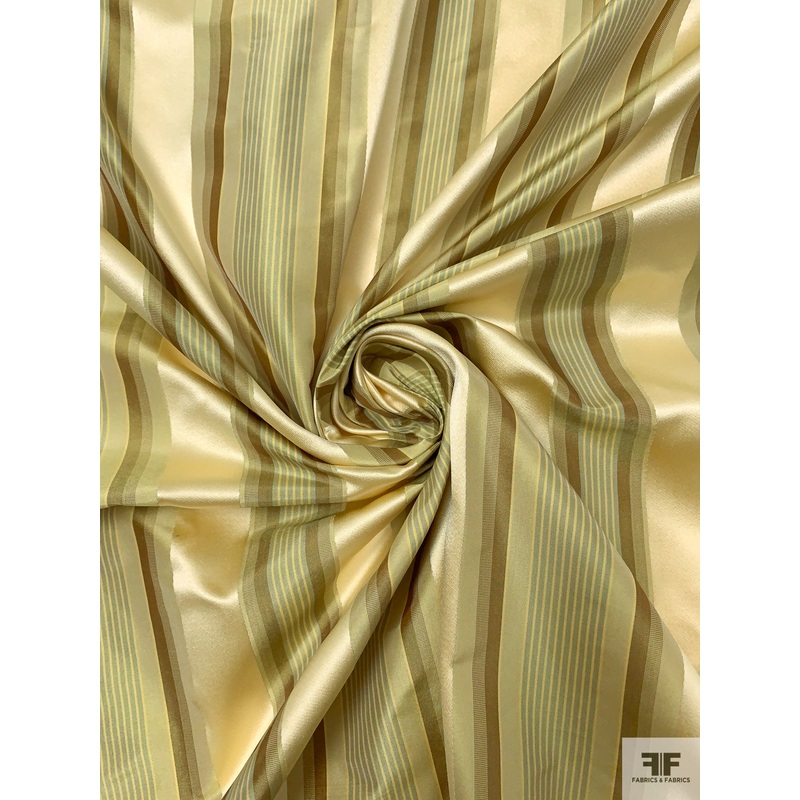Yarn-Dyed and Satin Striped Silk Taffeta - Champagne Gold / Olive Greens / Sage