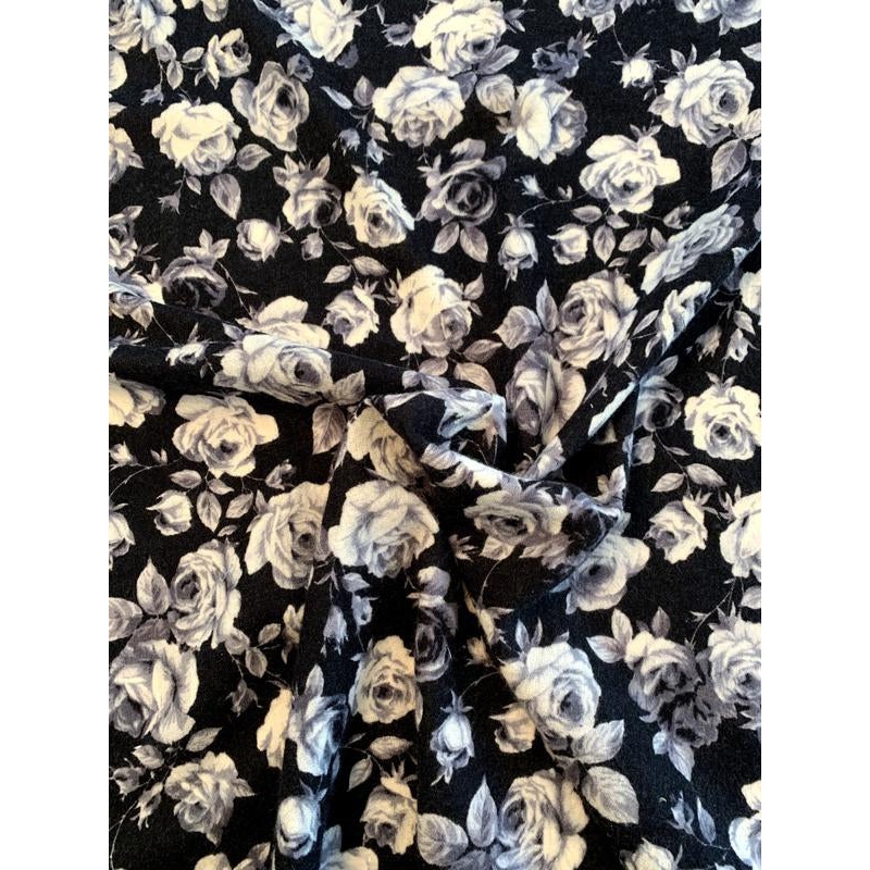 Italian Floral Brushed Printed Wool - Black / White / Grey