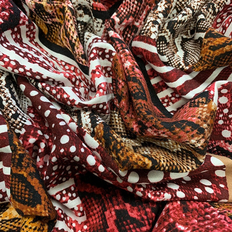 Red and Black Multi Animal Patchwork Print Rayon Challis Fabric
