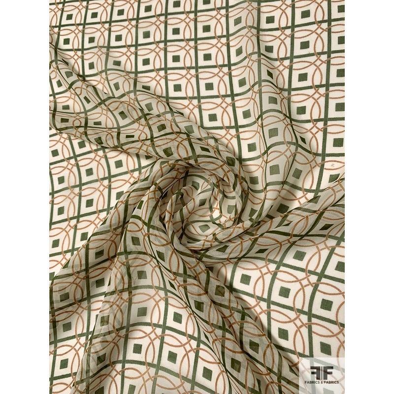 Art Deco Circle Rings Grid Printed Silk Chiffon - Deep Green / Saddle Brown / Off-White
