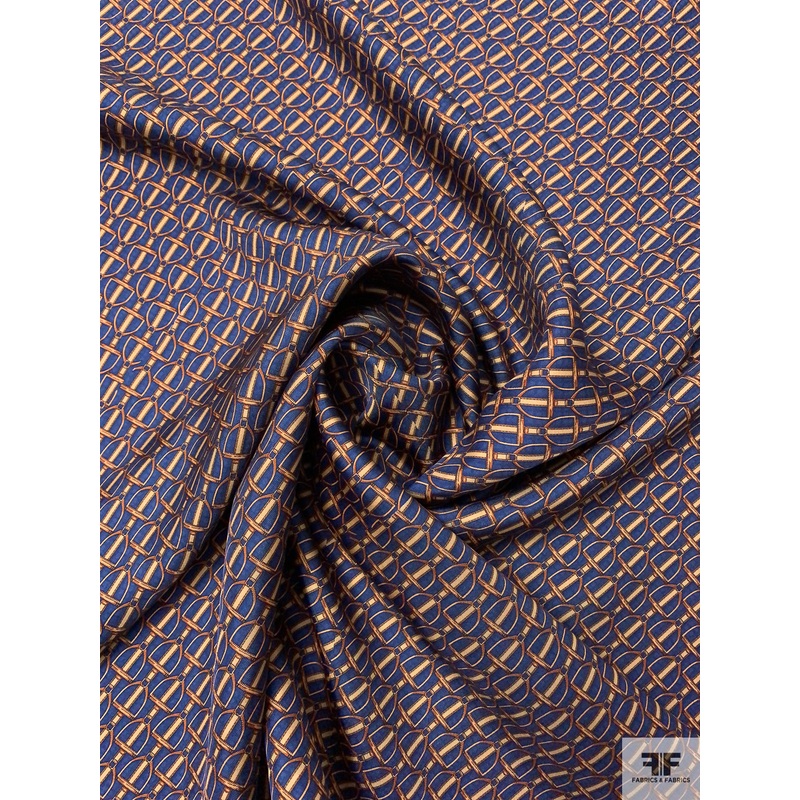 Equestrian Tack Printed Fine Silk Twill Pre-Cut Panel - Blue / Caramel-Tan