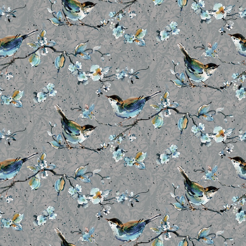 Susan Winget Winter Song Charcoal Bird Floral Fabric