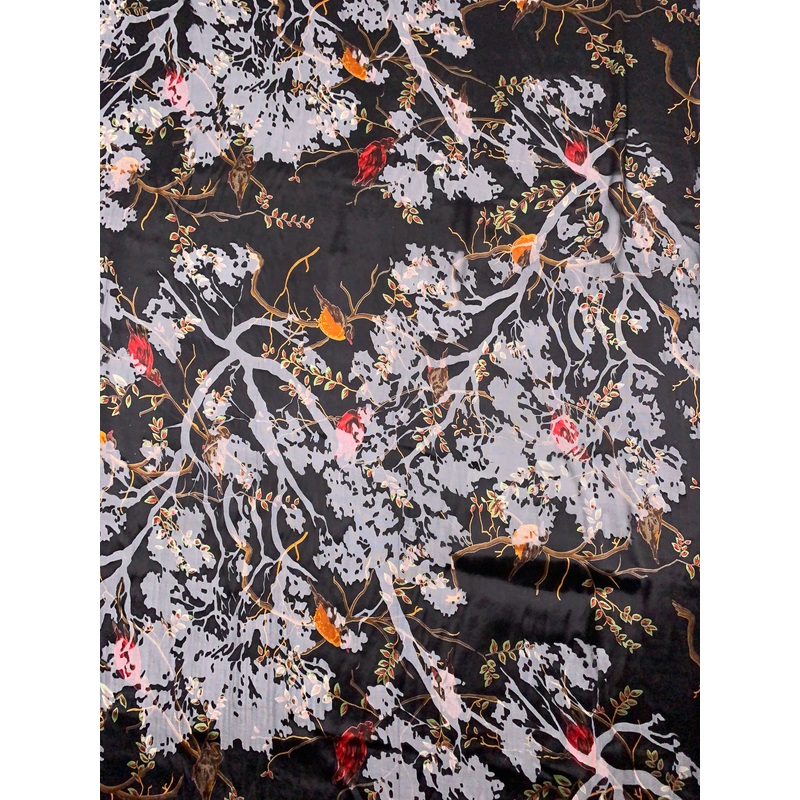 Branch Floral Printed Burnout Silk Blend Chiffon - Black / Tangerine / Red / Brown