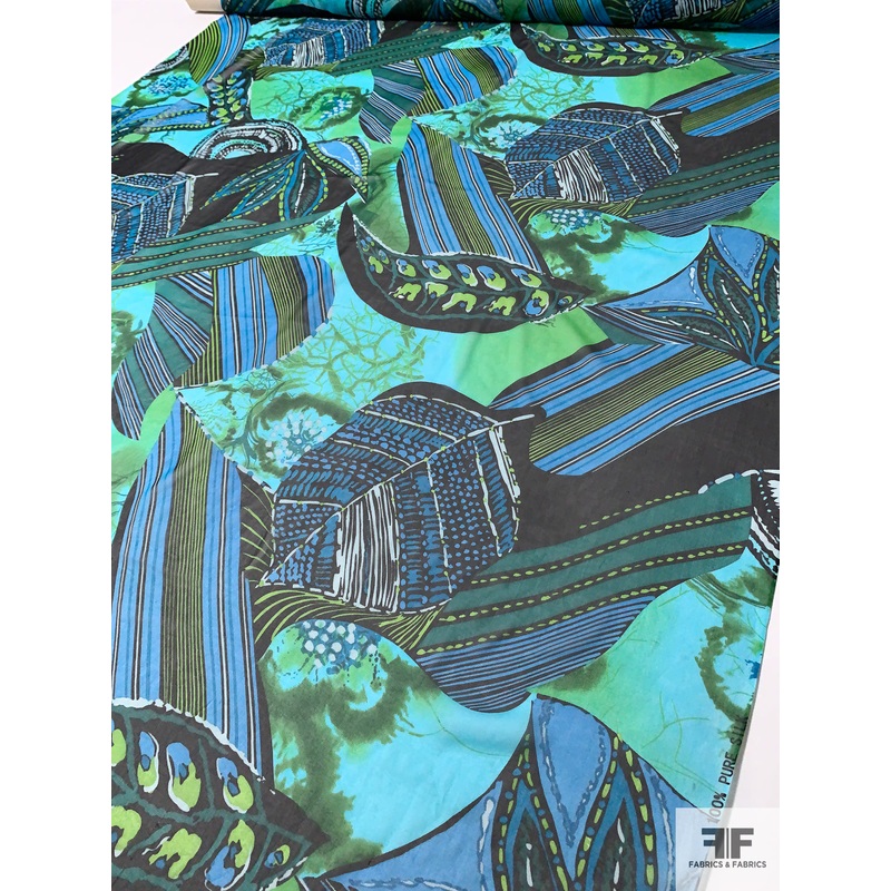 Exotic Leaf Graphic Collage Printed Silk Chiffon - Turquoise / Teal / Lime / Black