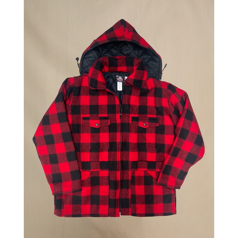 Men's Lined Wool Jacket with Detachable Hood 60 - Red Black 2" Buffalo Check