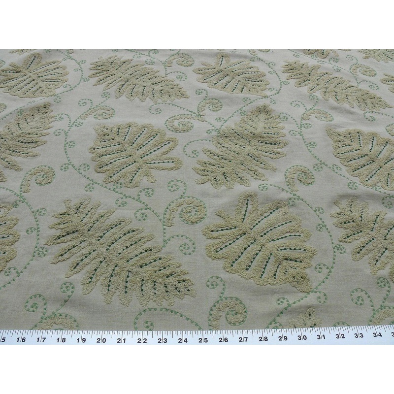 Scalamandre Fossils Dark Green On Beige Embroidery Fern Foliage Chenille on Cotton MSRP USD 372/y - By The Yard