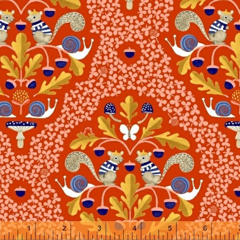 Sweet Oak Striped Pear Studio 51305-3 Fire Red Squirrel Damask Cotton