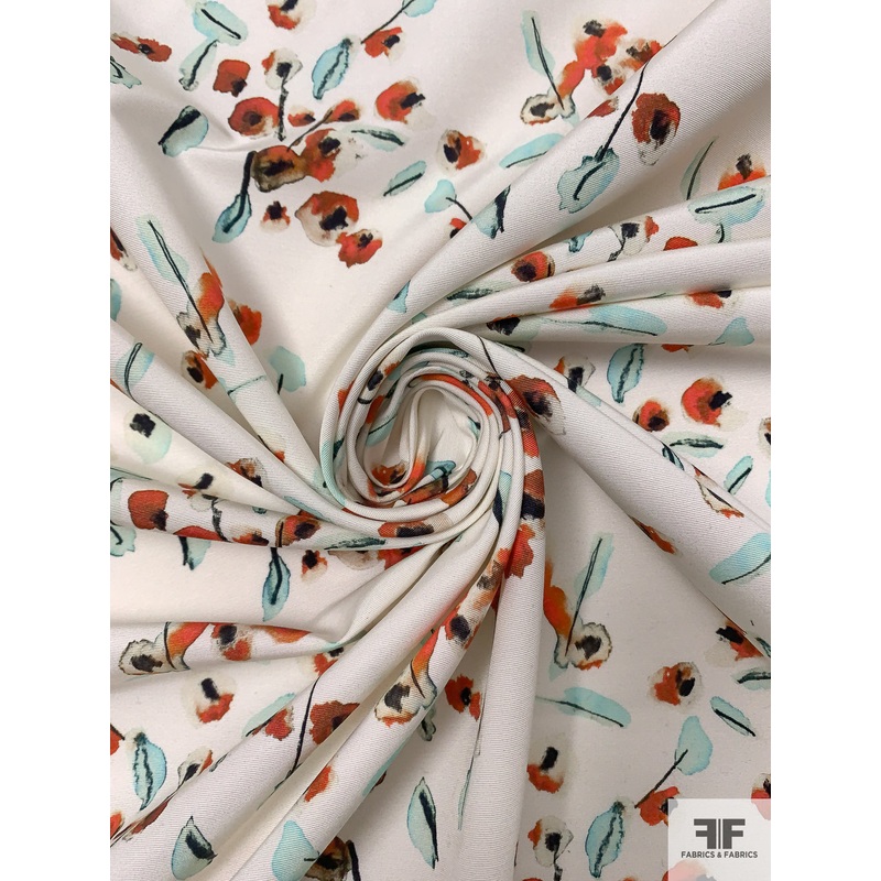 Watercolor Petals Printed Silk-Cotton Faille - Burnt Orange / Aqua / Off-White / Black