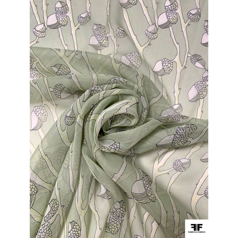 Acorn Stems Printed Silk Chiffon - Light Sage / Black